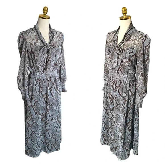 ANN TAYLOR | Animal Print Snake Python Print Puff Sleeves Midi Size 4 - Picture 2 of 9